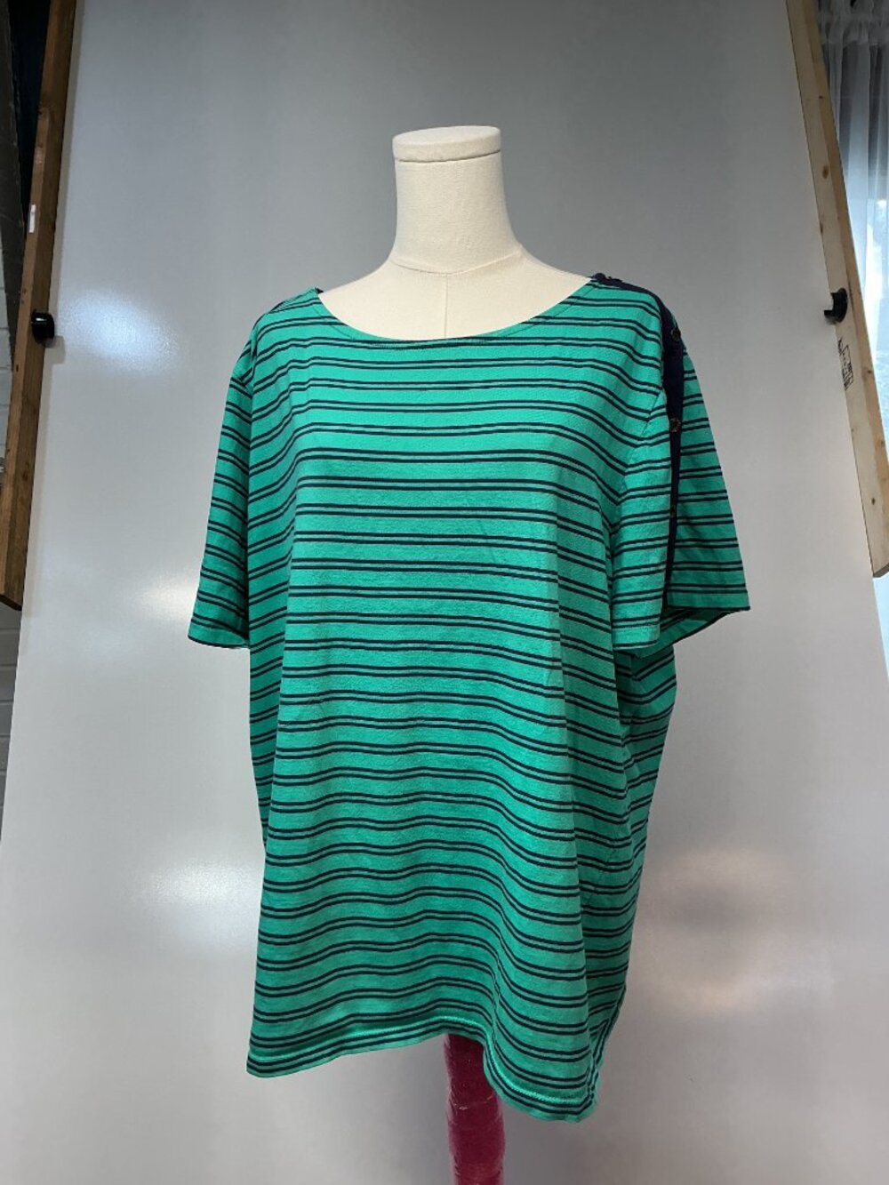 Coral Bay Woman 3X Green Navy Striped Cotton Top Button Shoulder Plus Size - Picture 3 of 10